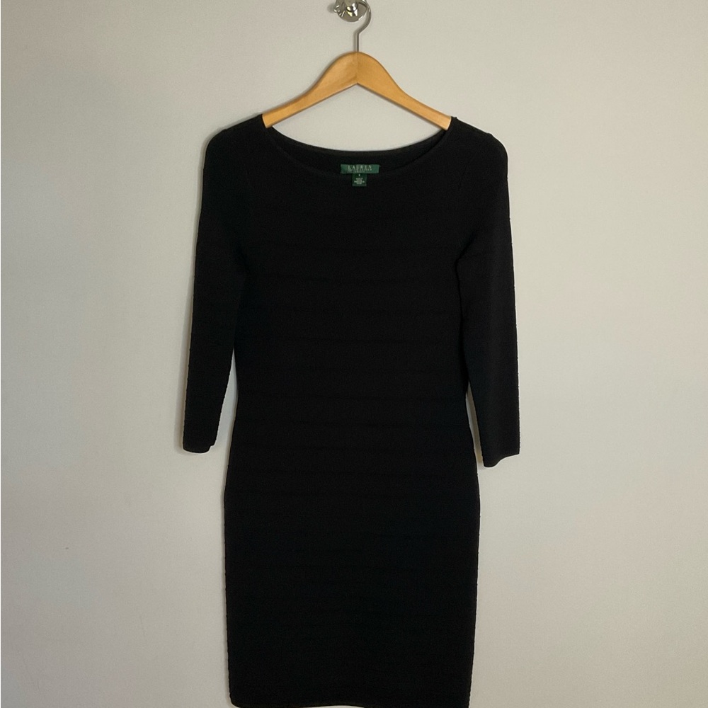 ✨𝗦𝗢𝗟𝗗✨ Lauren Ralph Lauren Black Ribbed Knit Sheath Dress – Size Small